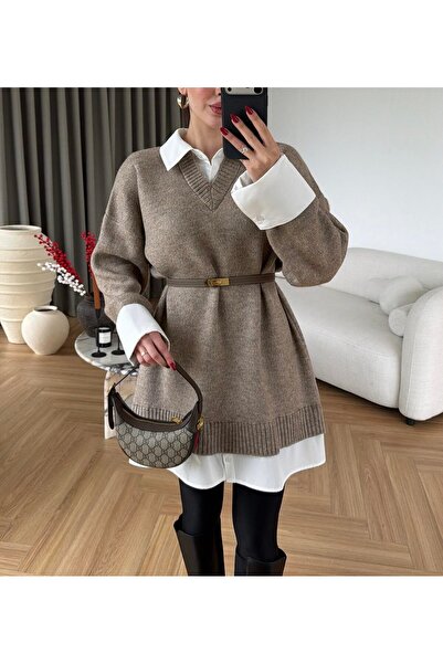 Burcia Long Sweater with Shirt Detail