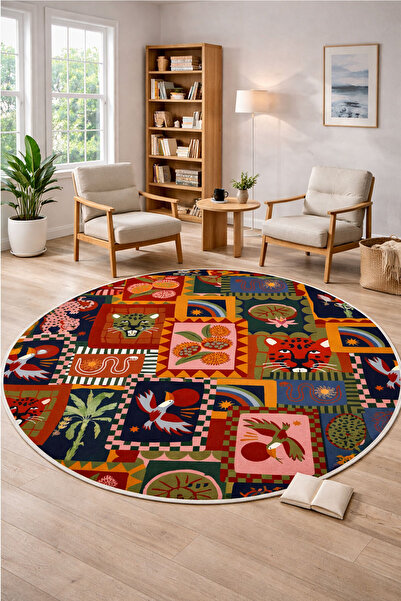 Nihai Ev Dijital Kaymaz Yıkanabilir Yuvarlak Tiger Patchwork Salon Halısı Mut...