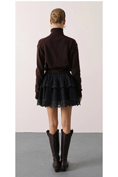 ibeeka Women's Clothing New Season Lace Detailed Belted Mini Skirt - - L