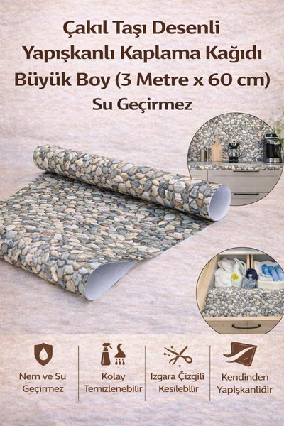 Hane Dostu Çakıl Taşı Desenli Yapışkanlı Kaplama Kağıdı 60x300 cm Su Geçirmez...