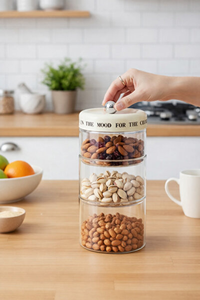 Paşabahçe 3 Katlı Krem Çizgili Vakum Kapaklı Cam Kavanoz Seti Çerezlik, Bahar...