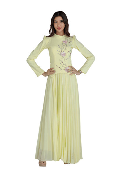 TREN Pastel Yellow Puff Sleeve Dress with Embroidery Modest High Neck Formal ...