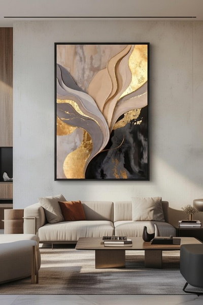 hollywest Lüks Bej & Gri Soyut Duvar Sanatı | Modern Çerçeveli Tablo