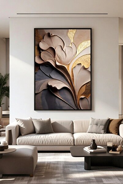 hollywest Lüks Altın & Bej Yaprak Duvar Sanatı | Modern Çerçeveli Tablo