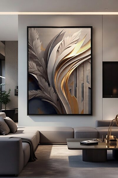 hollywest Lüks Altın & Gri Yaprak Duvar Sanatı | Modern Çerçeveli Tablo
