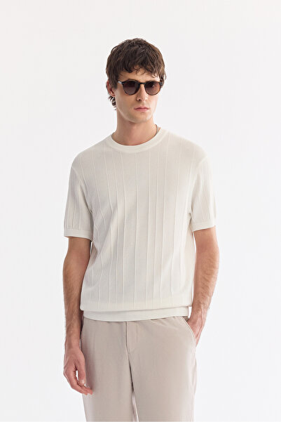 Avva Men's Ecru Crew Neck Jacquard Knitwear T-Shirts A61Y5032