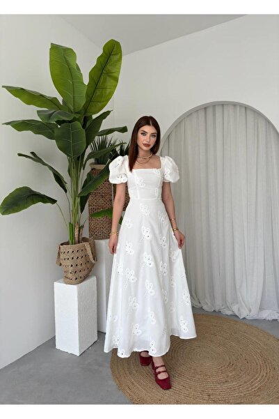 MODA DURAĞI ÇİÇEK DESENLİ MAXİ BALON KOL ELBİSE beyaz