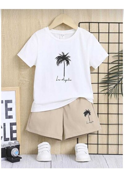 Kids Set de vară pentru băieți, cu imprimeu palmieri, bluză bej și pantaloni ...