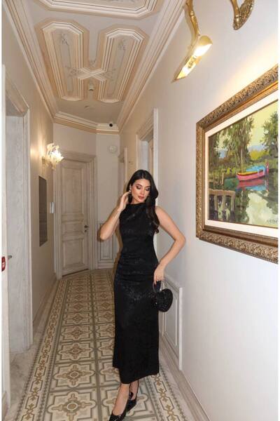 MATTİMODA Jakarlı Leopar Desenli Saten Kolsuz Maxi Boy Siyah Elbise