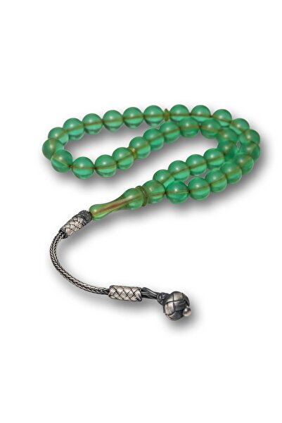 Inure Jewelry سبحة كهرمانية خضراء مزينة بشرابة فضية اللون