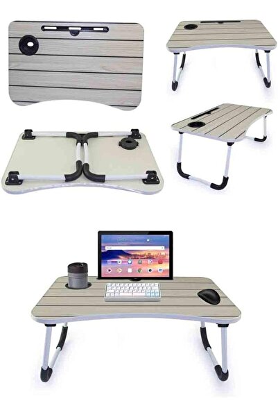 Generic Black Stripes Folding Laptop Table, Beige, with Cup Holder and iPad B...