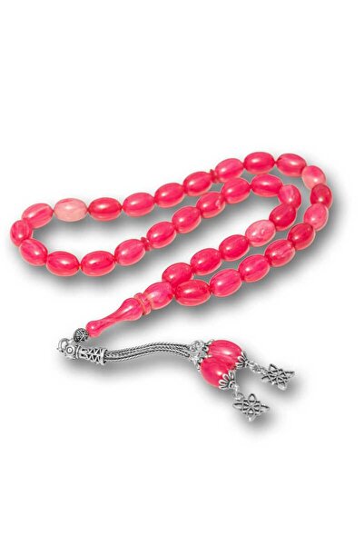 Inure Jewelry Mărgele de rugăciune din chihlimbar roz cu ciucuri argintii