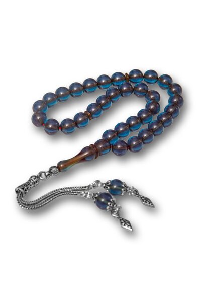 Gumush Silver Tassel Sea Blue Round Crimped Amber Prayer Beads