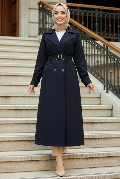 N.S NEVA STYLE Buttoned Navy Blue Hijab Trench Coat 62223L