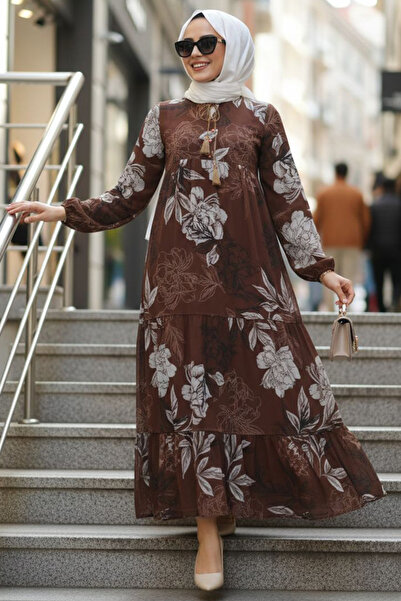 N.S NEVA STYLE Rochie maro cu imprimeu floral, stil hijab 22055KH