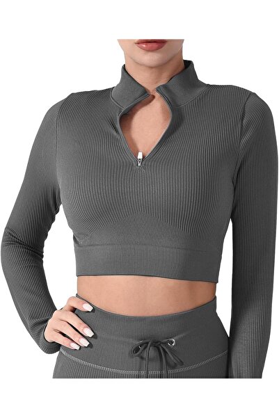 OEM Women's Sports Crop Tops Seamless Ribbed Long Sleeve Running Shirt with Z...