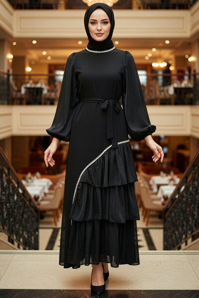 N.S NEVA STYLE فستان سهرة أسود بتفاصيل كات فولان 4793S