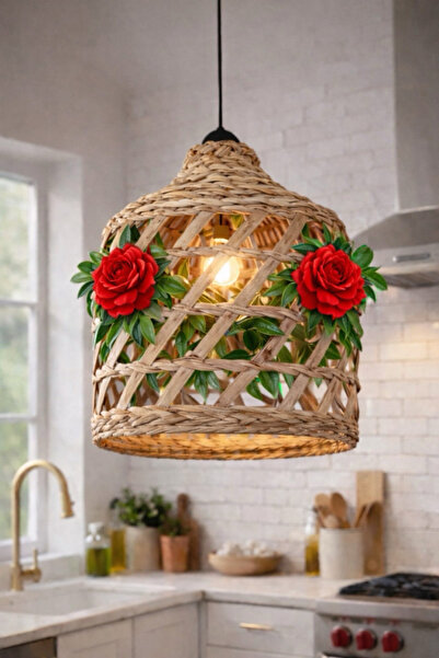 Marrone Kırmızı Güllü Hasır Avize Teras Balkon Bahçe Süslemeleri