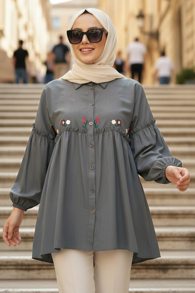 N.S NEVA STYLE Embroidered Patterned Smoked Hijab Tunic 40603Fu