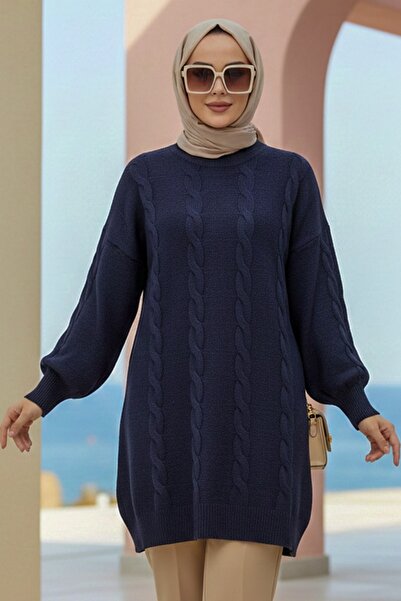 N.S NEVA STYLE Knitted Detailed Dark Navy Blue Hijab Knitwear Sweater 60051Kl