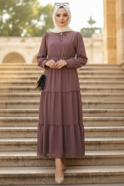 N.S NEVA STYLE Kat Piliseli Kahverengi Tesettür Elbise 6268KH