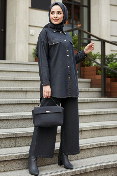 N.S NEVA STYLE Buttoned Anthracite Hijab Denim Double Set 46632Ant