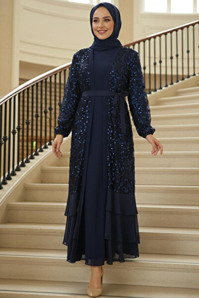 N.S NEVA STYLE فستان سهرة إسلامي مطرز بالخرز والترتر باللون الأزرق الداكن 47671L
