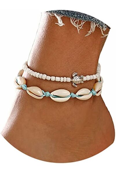 Generic طقم خلخال بتصميم صدفة السلحفاة، أساور فضية للكاحل، سلسلة قدم مزينة با...