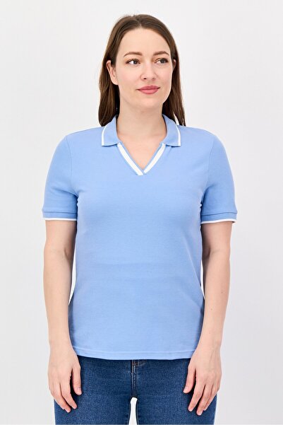 m&s collection Women V-Neck Short Sleeve Solid Polo Shirt, Blue