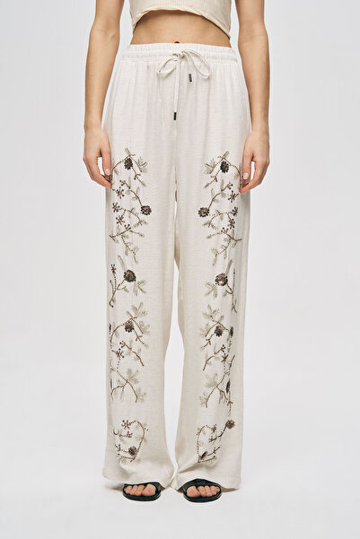 Orfeo Negro Γυναικείο παντελόνι από βισκόζη-λινό Natur με κέντημα λουλουδιών