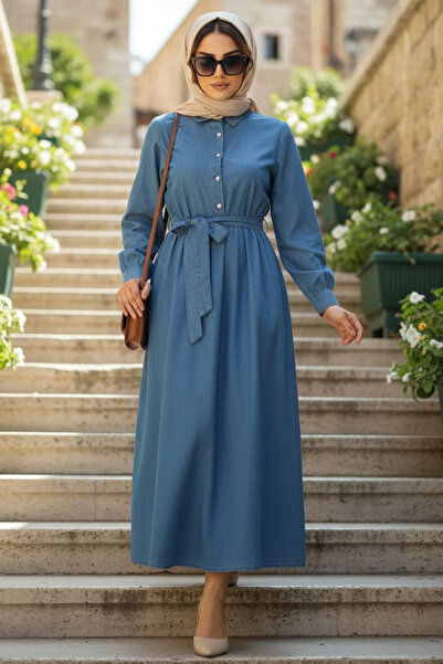 N.S NEVA STYLE Φόρεμα τζιν με κουμπιά και λεπτομέρειες σε σκούρο μπλε χρώμα 7...