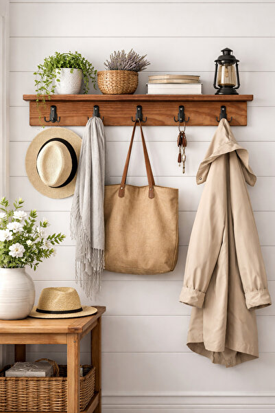 Trend Kitchen Rustica Ahşap Raflı Mont, Şapka, Çanta Antre Ve Hol Duvar Askılığı