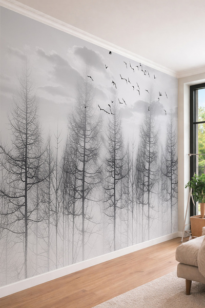 dreamwall Puslu Orman ve Göç Eden Kuşlar Temalı Tek Parça Tekstil Duvar Kağıdı