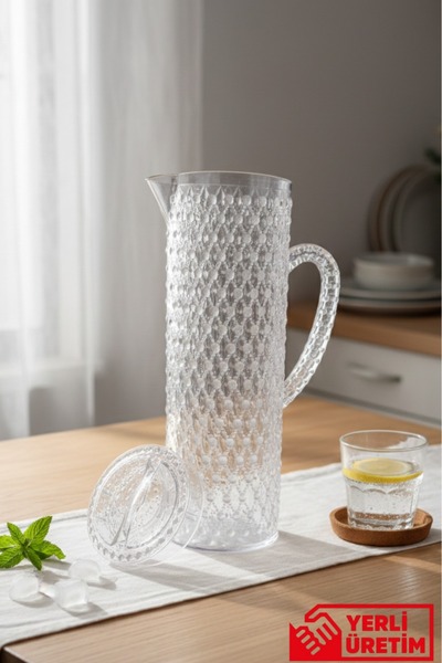 GUGGA Merlin 1.5 L Akrilik Plastik Sürahi – Akrilik Kapaklı, Şeffaf Desenli S...