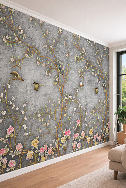 dreamwall Antrasit- Chinoiserie Bahçesi - Kuş ve Çiçek Temalı Tek Parça Tekst...