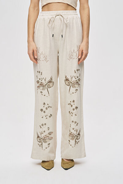 Orfeo Negro Γυναικείο παντελόνι από βαμβάκι και λινό με κέντημα πεταλούδας σε...