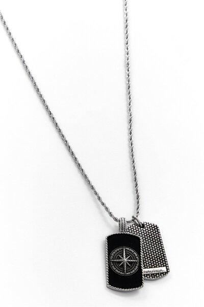 Nautica Men Stainless Steel Tigers Eye Dog Tag Necklace, Silver