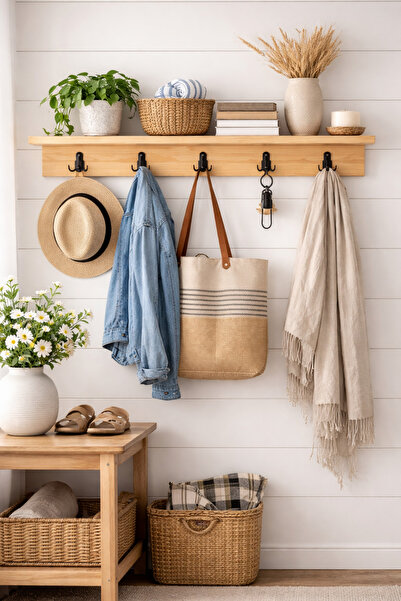 Trend Kitchen Rustica Ahşap Raflı Mont, Şapka, Çanta Antre Ve Hol Duvar Askılığı