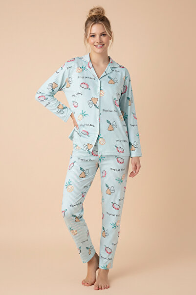 Pijamax Women's Tropical Pattern Front Buttoned Long Sleeve Knitted Pajama Set