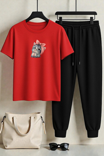 uyguntarz طقم بدلة رياضية مكونة من قطعتين مطبوع عليها قطة لطيفة للجنسين