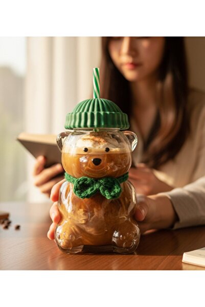 lstri Barista Teddy Bear Green Hat Glass Cold Drink Cup Teddy Bear Cup 550 ml