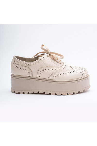VAGAM Cream Genuine Leather Shoes with Laces and High Soles