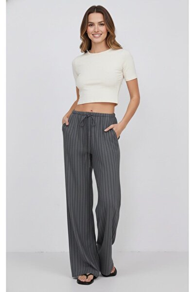 Meşe Moda High Waist Striped Loose Gray Trousers