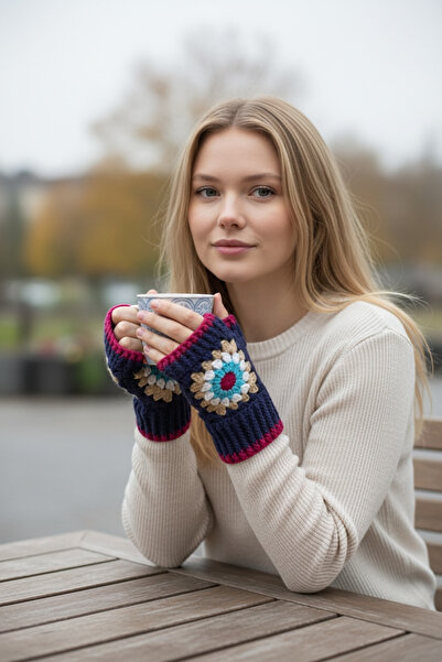 satürn hobi örgü tasarım Knitted Motif Bohemian Fingerless Gloves