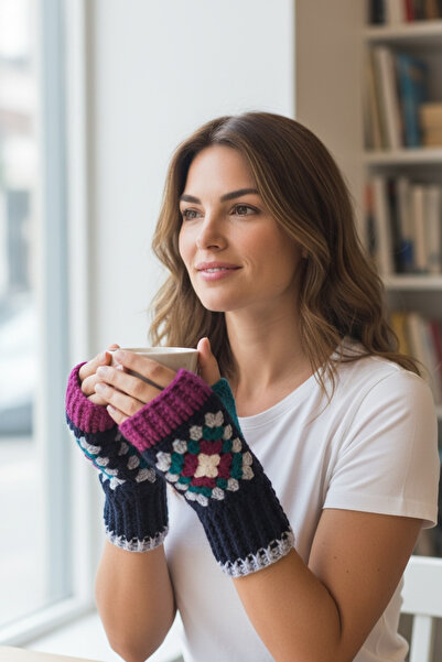 satürn hobi örgü tasarım Knitted Motif Bohemian Fingerless Gloves