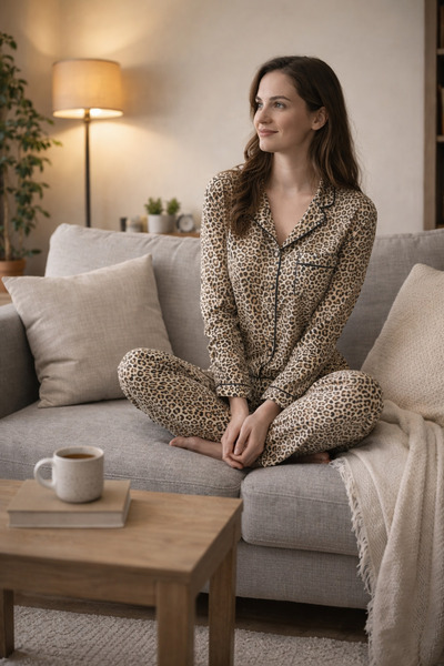 İpek Women's Long Sleeve Front Buttoned Leopard Pattern Pajama Set