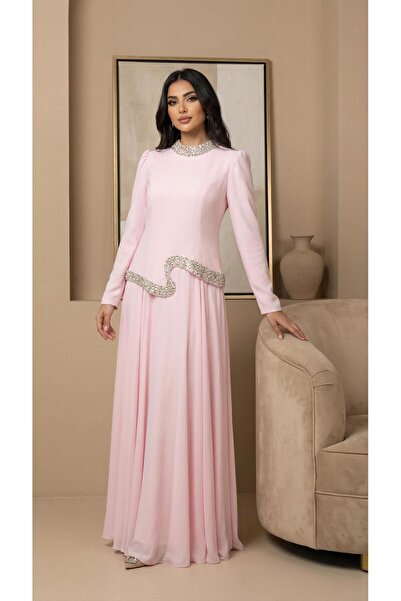 MİSS DİAMOND Asymmetric crystal embellished, slitless, powder pink hijab even...