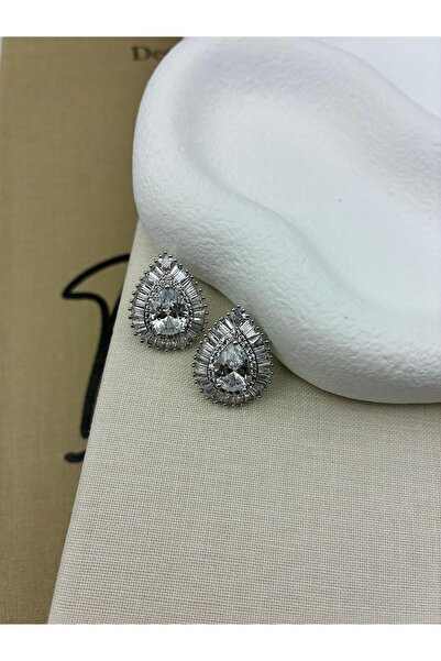 Hedef Bijuteri Silver Color Drop Model Zircon Stone Earrings