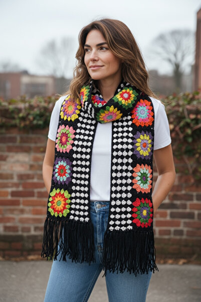 satürn hobi örgü tasarım Black Bohemian Tasseled Scarf with Knitted Colorful ...