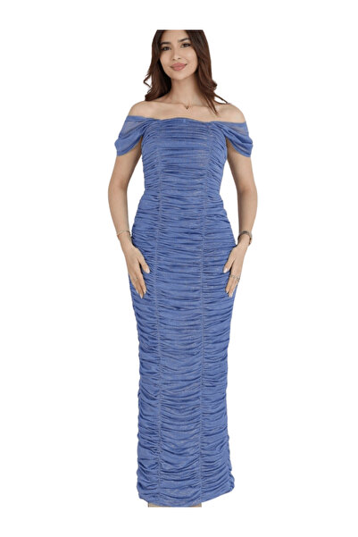 Nice Model Blue Off-Shoulder Ruched Evening Dress Long Formal Gown with Elega...